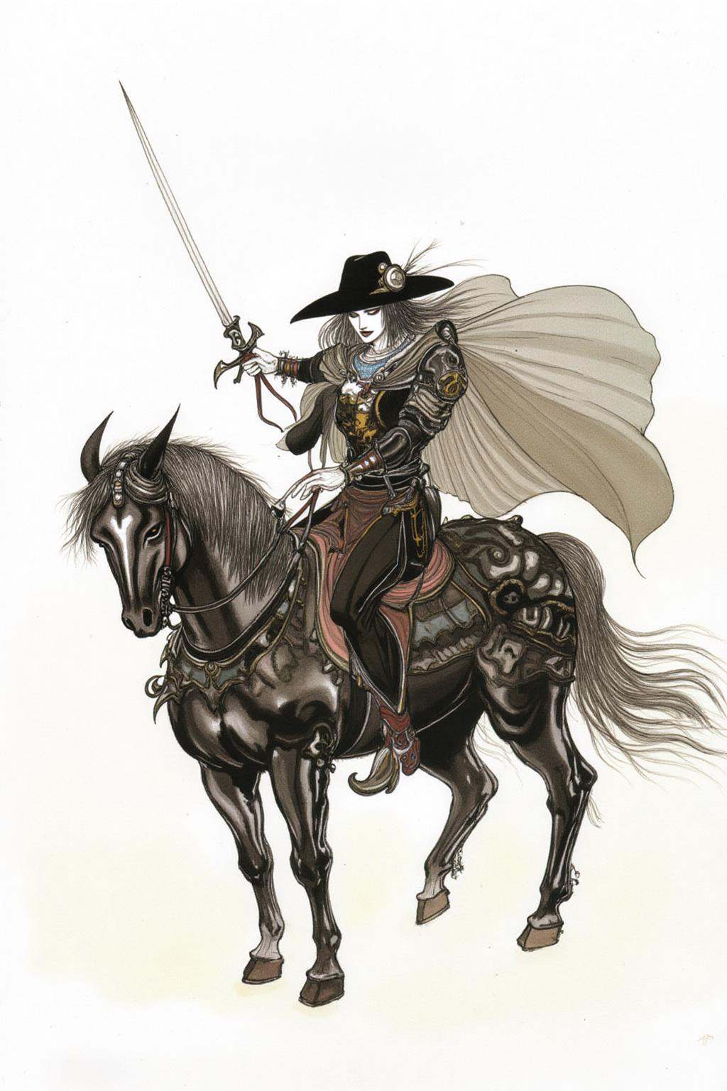 amayo illustration.A lone male rider,  a warrior-like figure with pale,  gaunt features on Tensor.Art