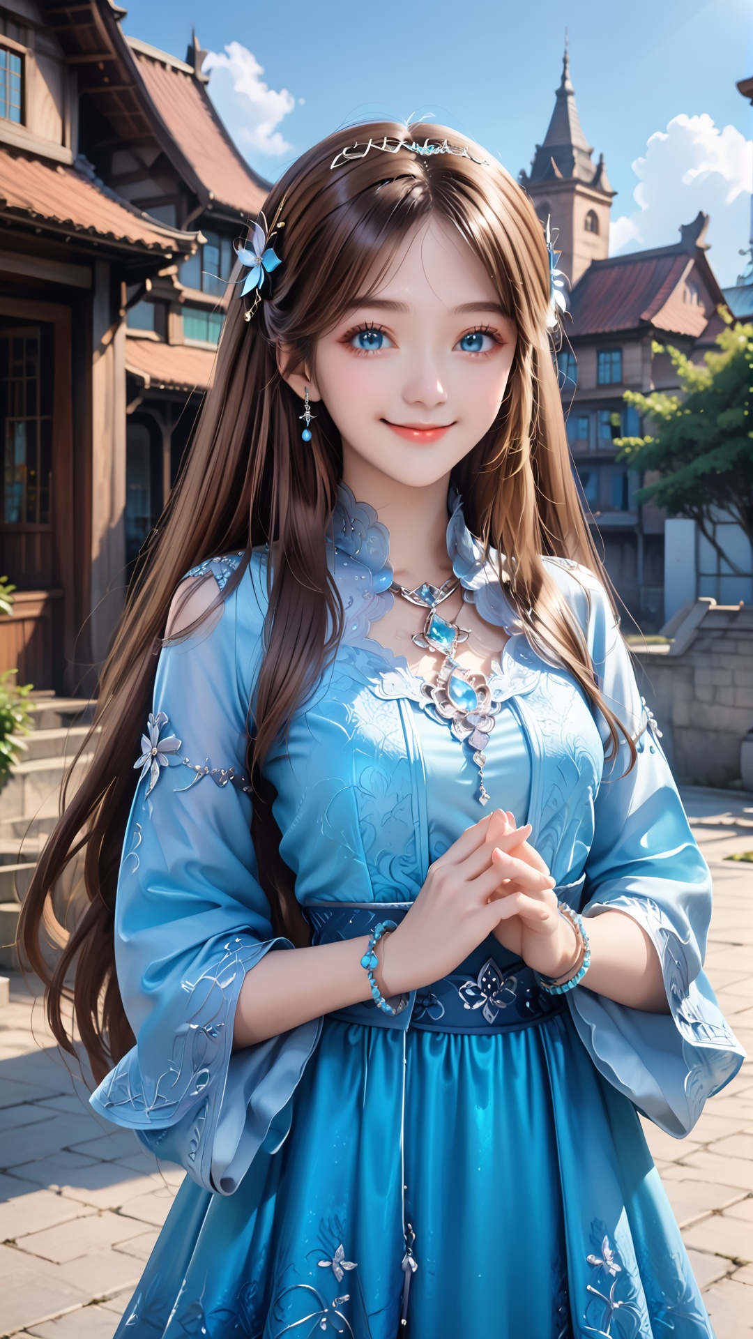 1girl,hair ornament,blue eyes,brown hair,dress,long hair,solo,smile,upper body,looking at viewer,own hands together,blue dress,bracelet,closed mouth,jewelry,sky,building,blue sky,<lora:pony宁荣荣-000009:0.7>,