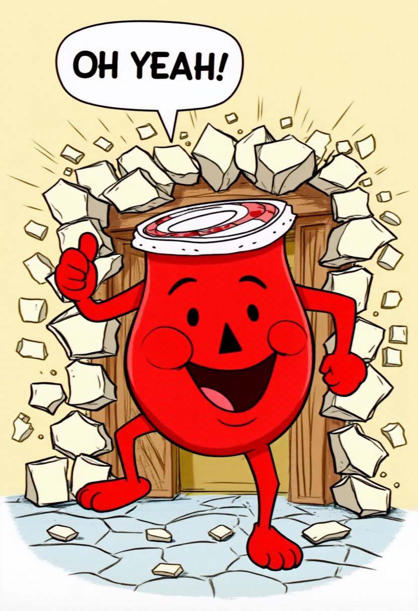tjstyle cartoon image of Kool-aid man breaking through a wall with the speech bubble: "OH YEAH!" on Tensor.Art