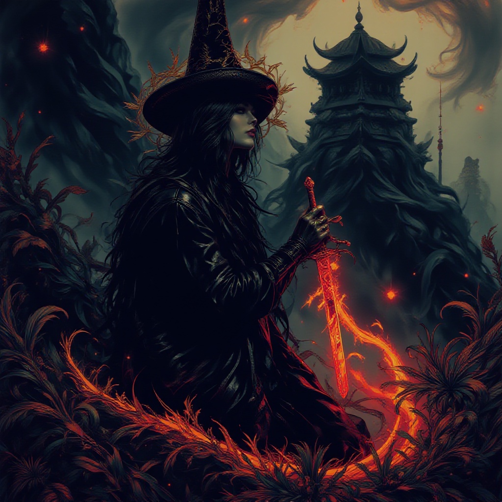 A mystical warrior,  masked and mysterious,  kneels within a fog-shrouded field on Tensor.Art