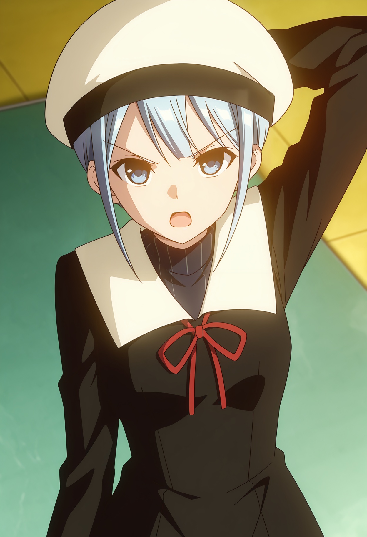 <lora:Ryuuju Momo_illustrious-000028:1>,1girl,Ryuuju Momo,red ribbon,hat,open mouth,white headwear,v-shaped eyebrows,neck ribbon,school uniform,ribbon,arm behind head,solo,upper body,black dress,dress,long sleeves,looking at viewer,blurry,turtleneck,sailor collar,arm up,anime screencap,