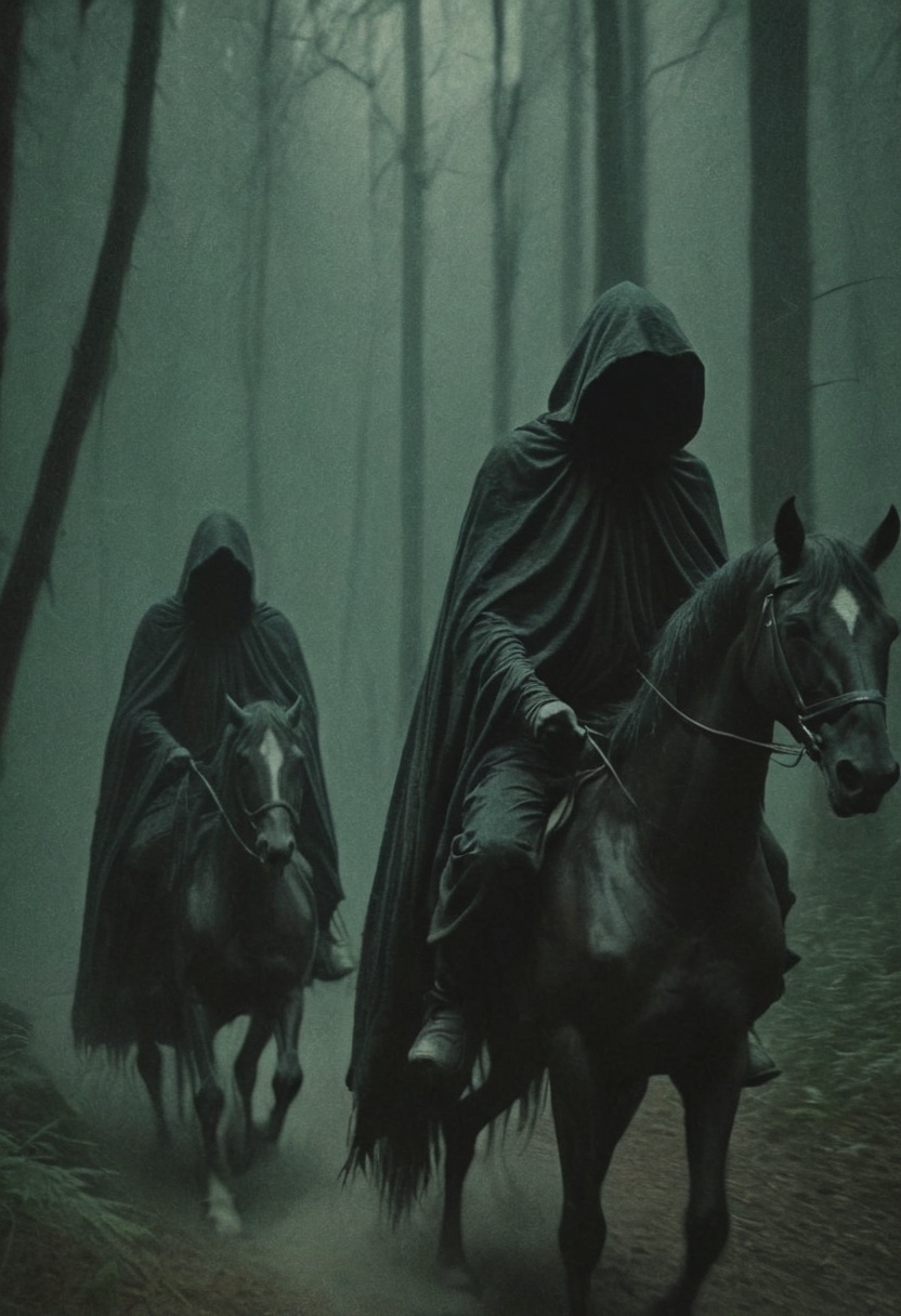 dark fantasy art style,  Two figures in dark robes with thick hoods with invisible faces were riding horses through the de...