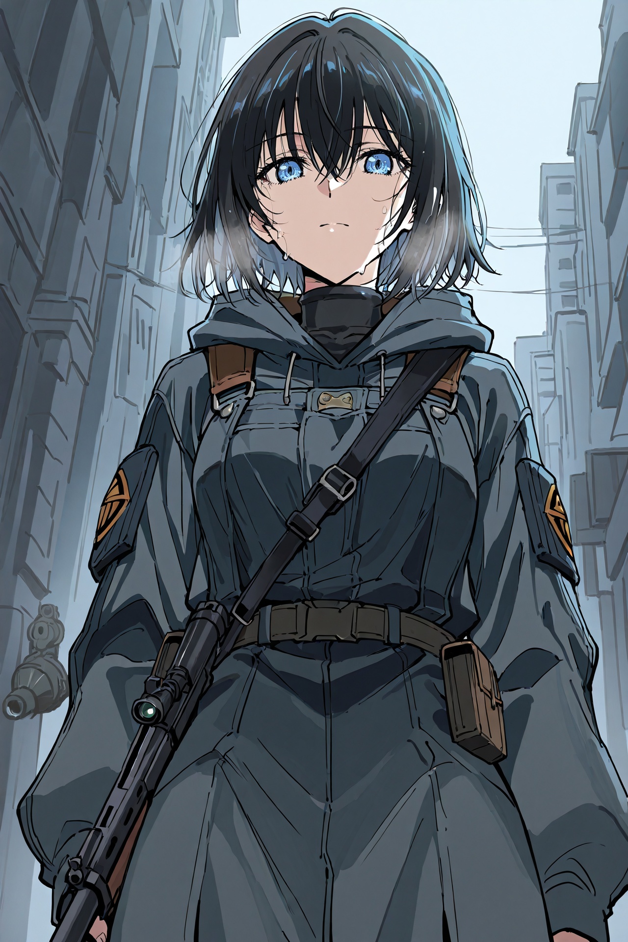 As the sun dips below the ravaged cityscape,  Captain Akira's gaze narrows,  her eyes fixed intently on the enemy strongho...