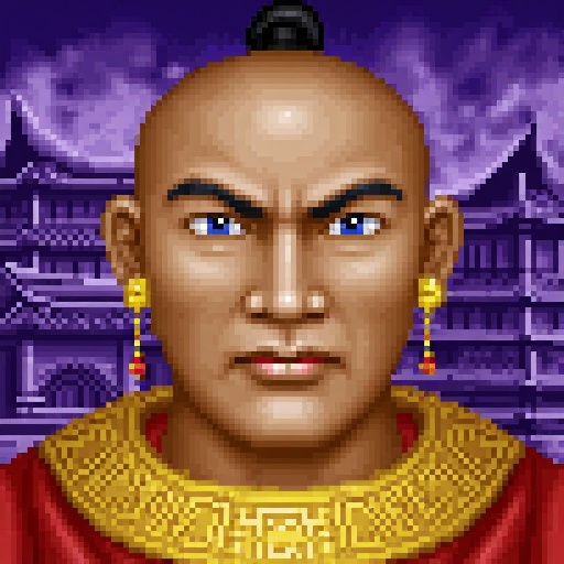 Original HoMM2 style portrait of of a stout male Mongolian barbarian with a stern expression. The character has Asian appe...