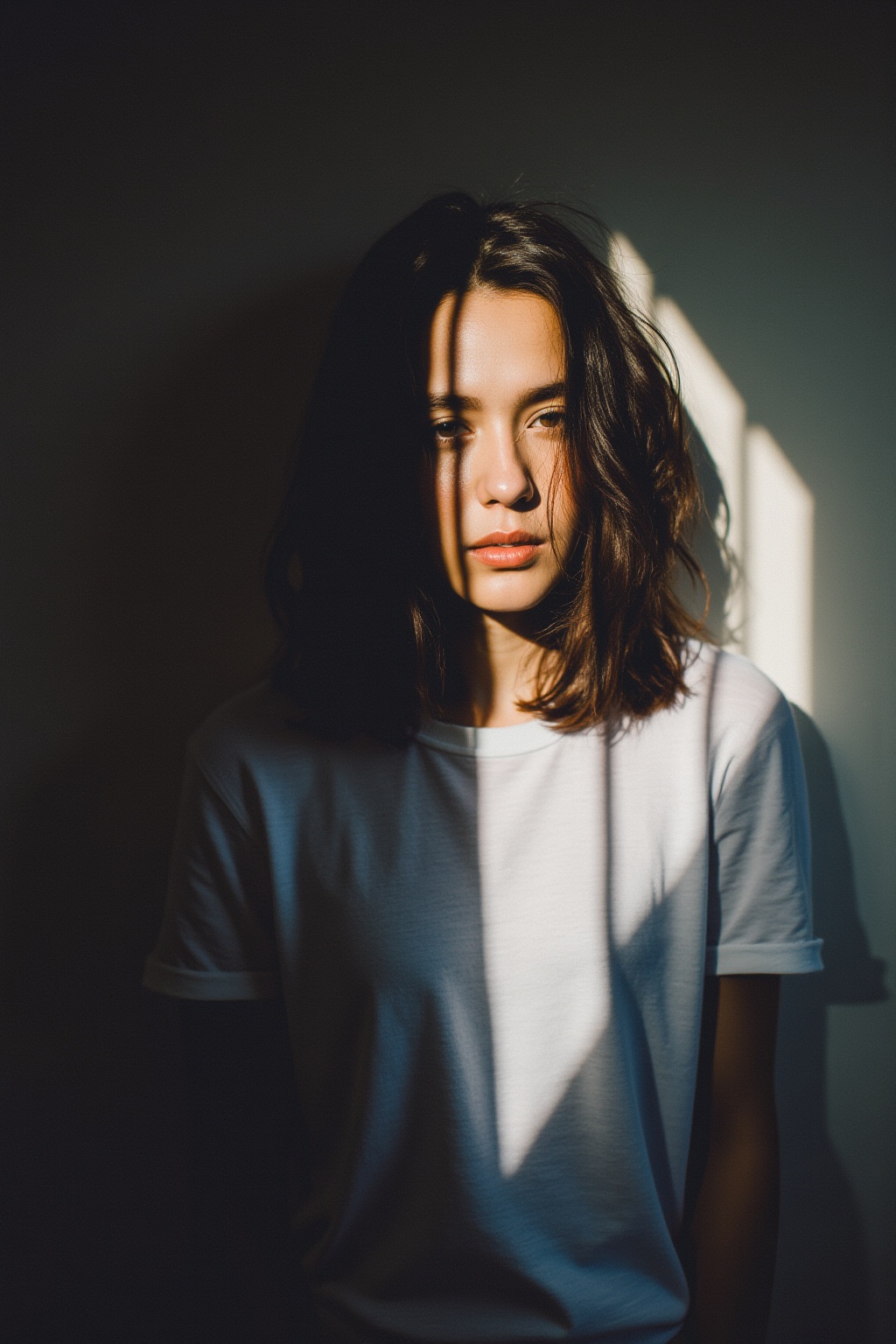 film grain,cinematic film still, 1girl, shadow, t-shirt, open shirt, messy long hair,light master,