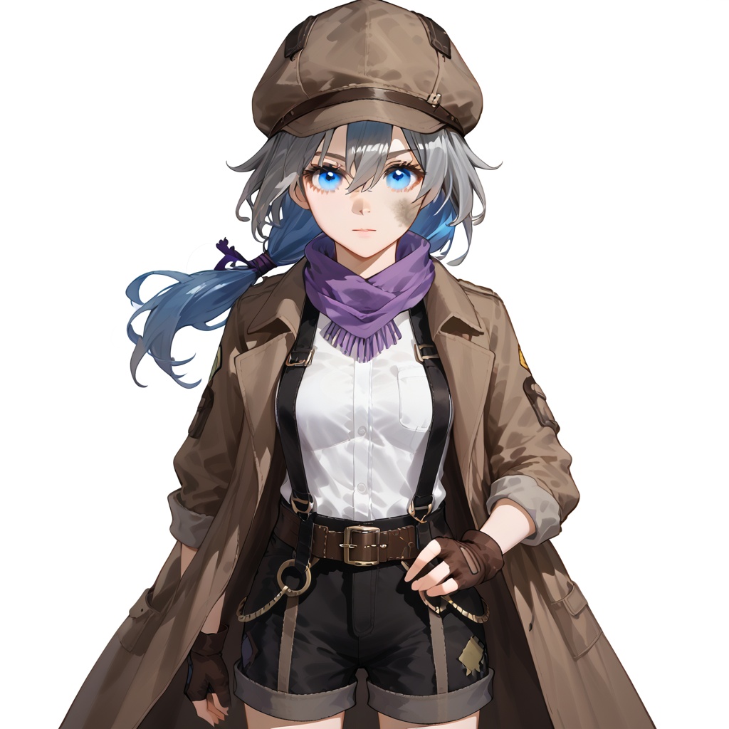 (white background:1.2),looking at viewer,(SOLO:1.4),outline,simple background,upper body, cowboy shot,looking at viewer,(((arms at side))),      fu hua,long hair,bangs,blue eyes,grey hair,blue hair,hair ornament,hair between eyes,low-tied long hair,Suspenders,dirty coat,Patch on shorts,cabbie hat,lace-up boots,belt,trench coat,open coat,deerstalker,brown headwear,brown footwear,brown coat,brown gloves,brown coat,white shirt,jacket,black shorts,polo shirt,coat,sleeves rolled up,brown jacket,purple scarf,gloves,shirt,detective,fingerless gloves,shorts<lora:liulang-pony:0.8>