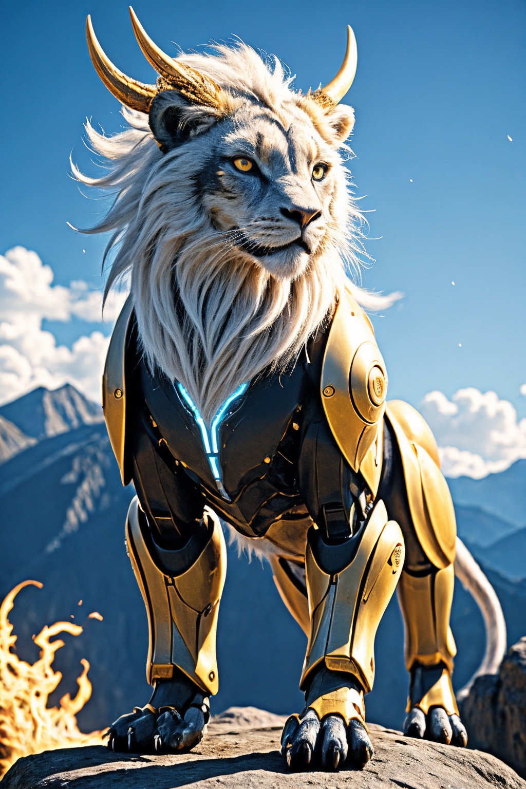 no humans, blue eyes, sky, outdoors, horns, glowing eyes, claws, glowing, cloud, day, wings, standing, blurry, solo, electricity, looking at viewer, blurry background, blue sky, full body, tail, rock, fire, robot, cloudy sky, lion, creature