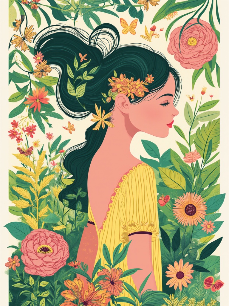 a whimsical girl surrounded by lush greenery,  blooming flowers,  and vibrant butterflies on Tensor.Art