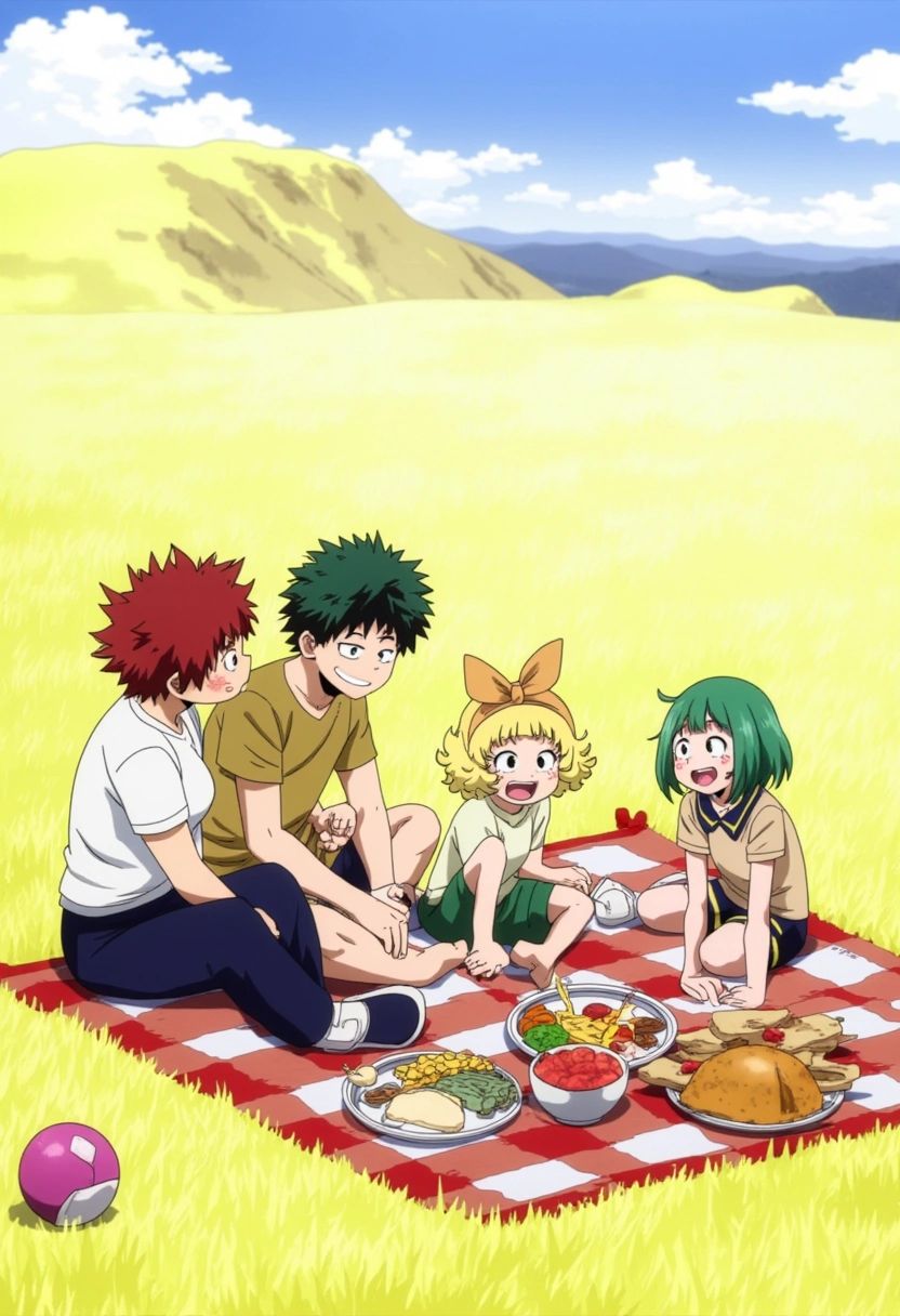 A family of four enjoying a picnic in a sunny field,  sitting on a blanket with food spread out in front of them. The pare...