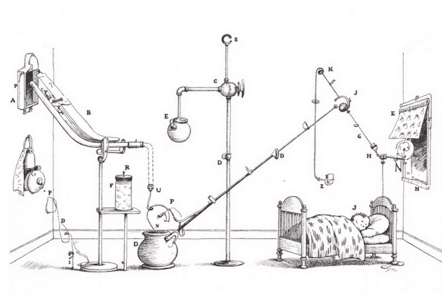 rugo1 illustration. On the left side,  is a machine contraption containing conveyer belts and a bottle. On the right is a...
