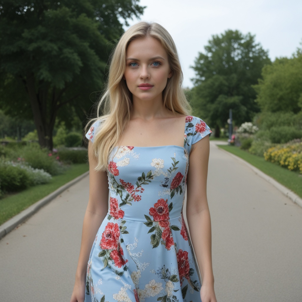 of 35 year old blonde European woman with blue eyes,  wearing floral dress on Tensor.Art