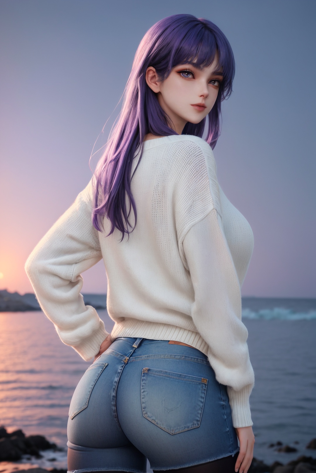 1girl,solo,purple hair,purple eyes,(gigantic breasts,gigantic ass),white sweater,shorts jeans,((black pantyhose)),hands on own hips,looking back,outdoors,(night),ocean,depth of field,simple background,Highly detailed,(ultra-detailed),(best quality:1.5,masterpiece:1.5),(SFW:1.5),<lora:caier:0.9:lbw=TEST>,