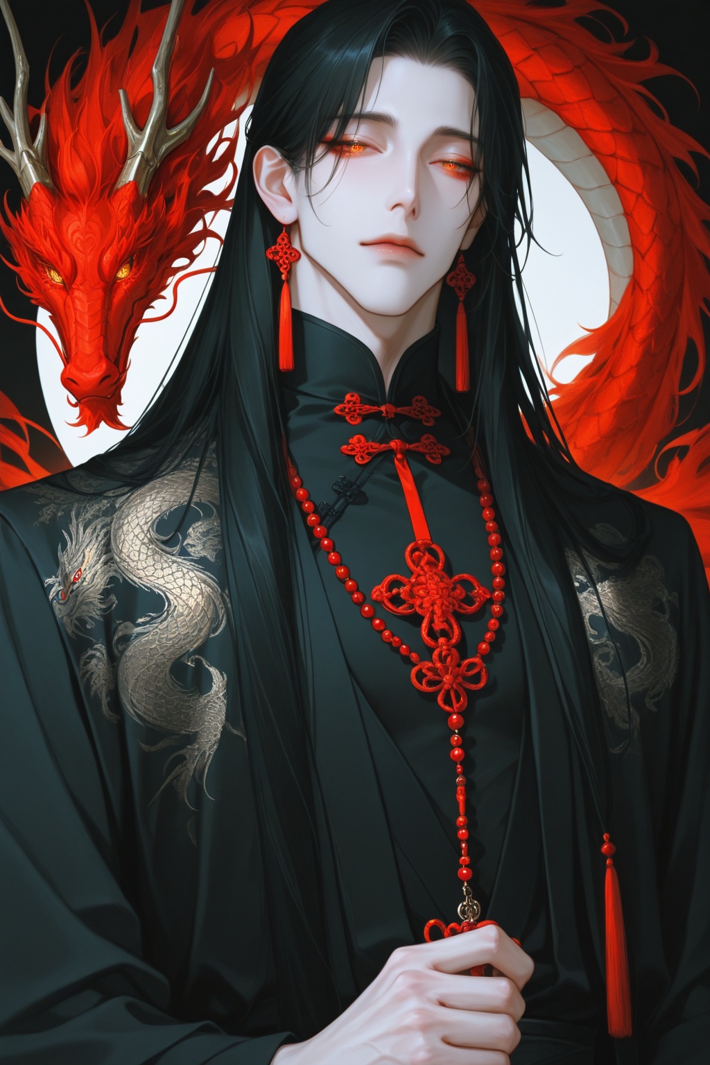 (A MALE ! AGAIN ! ALONE ! SINGLE AGAIN) modern ,  a Chinese man ,  black outfit with red dragon pattern on Tensor.Art