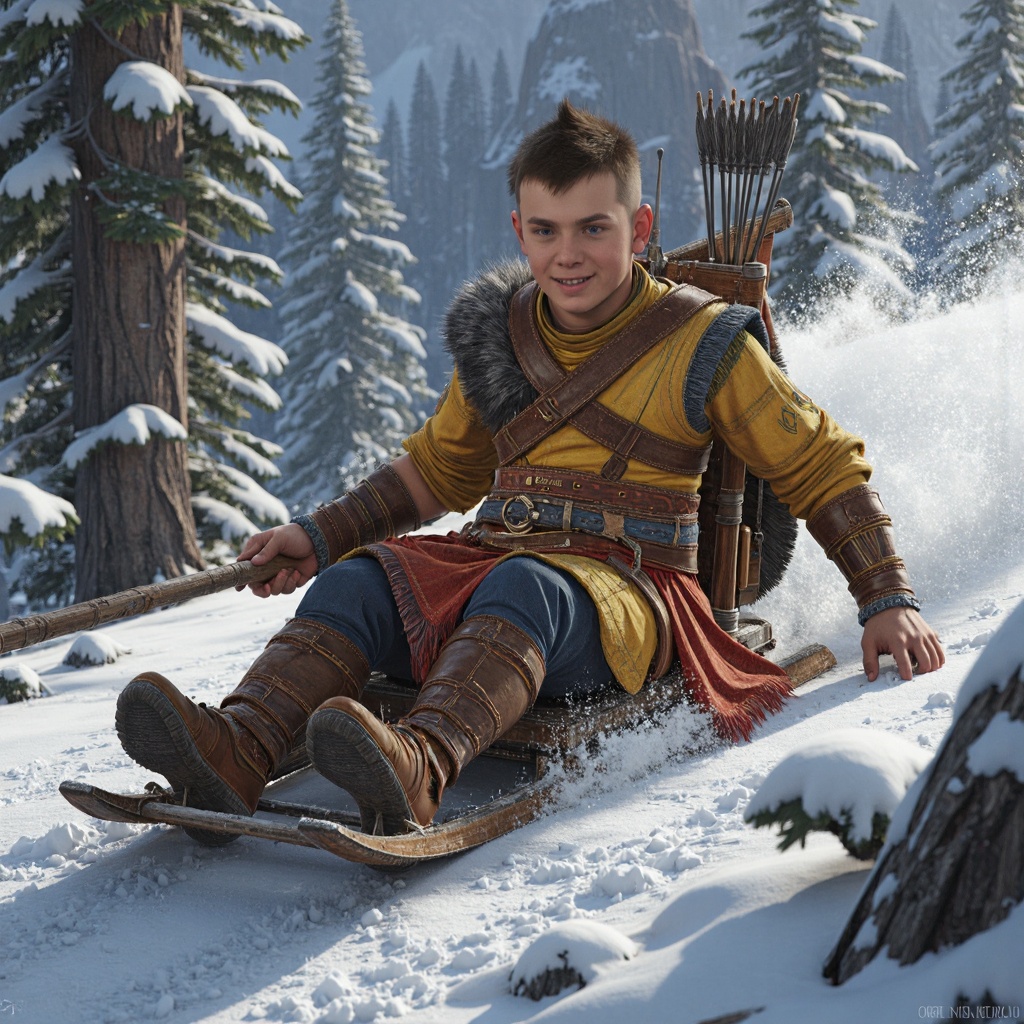 GoWRAtreus,  a 14 year old viking boy Holding a sled,  sliding down a snowy hill with glee in a magnetic valley location....