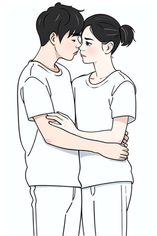 huahua,A girl and a boy hug and kiss each other,black hair,white t-shirt,dark pants,cartoons,etc.,with diffuse style,simple strokes,line sketches,light color rendering,flat painting,hand-painted cartoon style,(white_background),