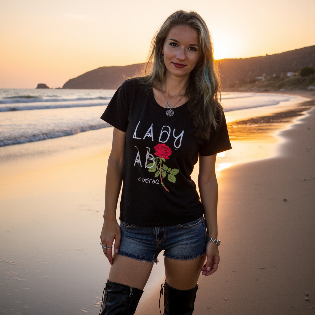 ladya cinematic,  golden hour lighting dark gothic young woman,  wearing a beautiful black tee that says Lady AB with a ro...