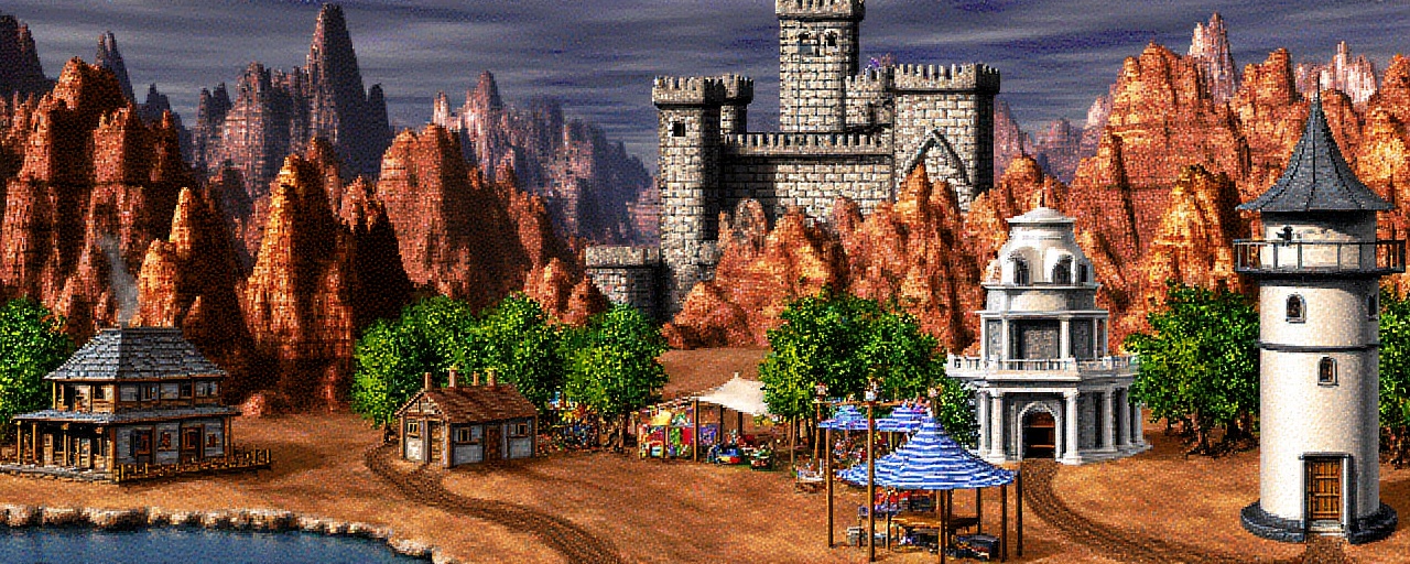 Image is a digital artwork depicting a medieval fantasy wizard town set on a wasteland red canyon cliffside. The layout fe...
