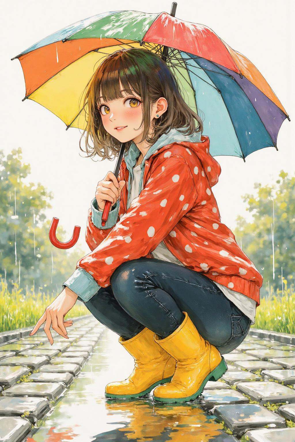 nijiwatercolor1q anime illustration.A young woman,  angled from slightly above and to the right,  crouching low to the gro...