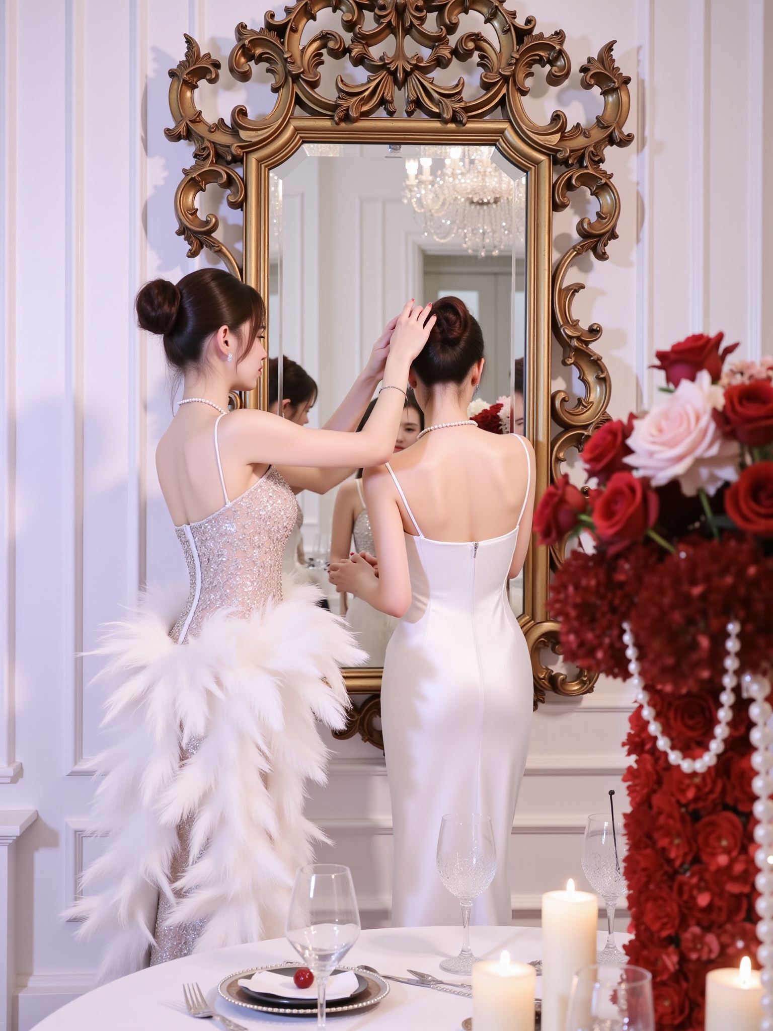 This is a high-resolution digital photograph capturing a luxurious, elegant setting. The image features two women, one standing and one seated, in front of a large, ornate, gold-framed mirror. The standing woman, with her back to the camera, is wearing an elegant, off-the-shoulder white gown with a voluminous, feathery train. Her hair is styled in an intricate updo. The seated woman, facing the camera, has a slender figure and wears a similar white gown with a sweetheart neckline and a delicate, sparkling necklace. She is adjusting the other woman's hair, demonstrating a close, intimate bond. The background features a sophisticated interior with white walls adorned with decorative elements, including a chandelier. The room is elegantly lit, with soft, diffused light enhancing the luxurious atmosphere. In the foreground, a table setting includes tall, clear glass candlesticks, white taper candles, and a small plate with a single red cherry. A large, dramatic bouquet of red roses is placed in the right corner, adding a touch of vibrant color to the scene. The overall mood is opulent and refined, with a focus on elegance and intimate connection.<lora:紫色韵味FLUX:1>