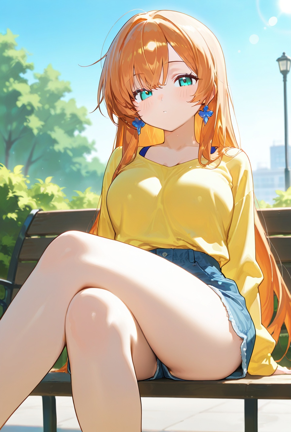 Misty sits at a bench in Cerulean city looking nostalgic,  her eyes are longing to see someone. orange hair,  yellow shirt...