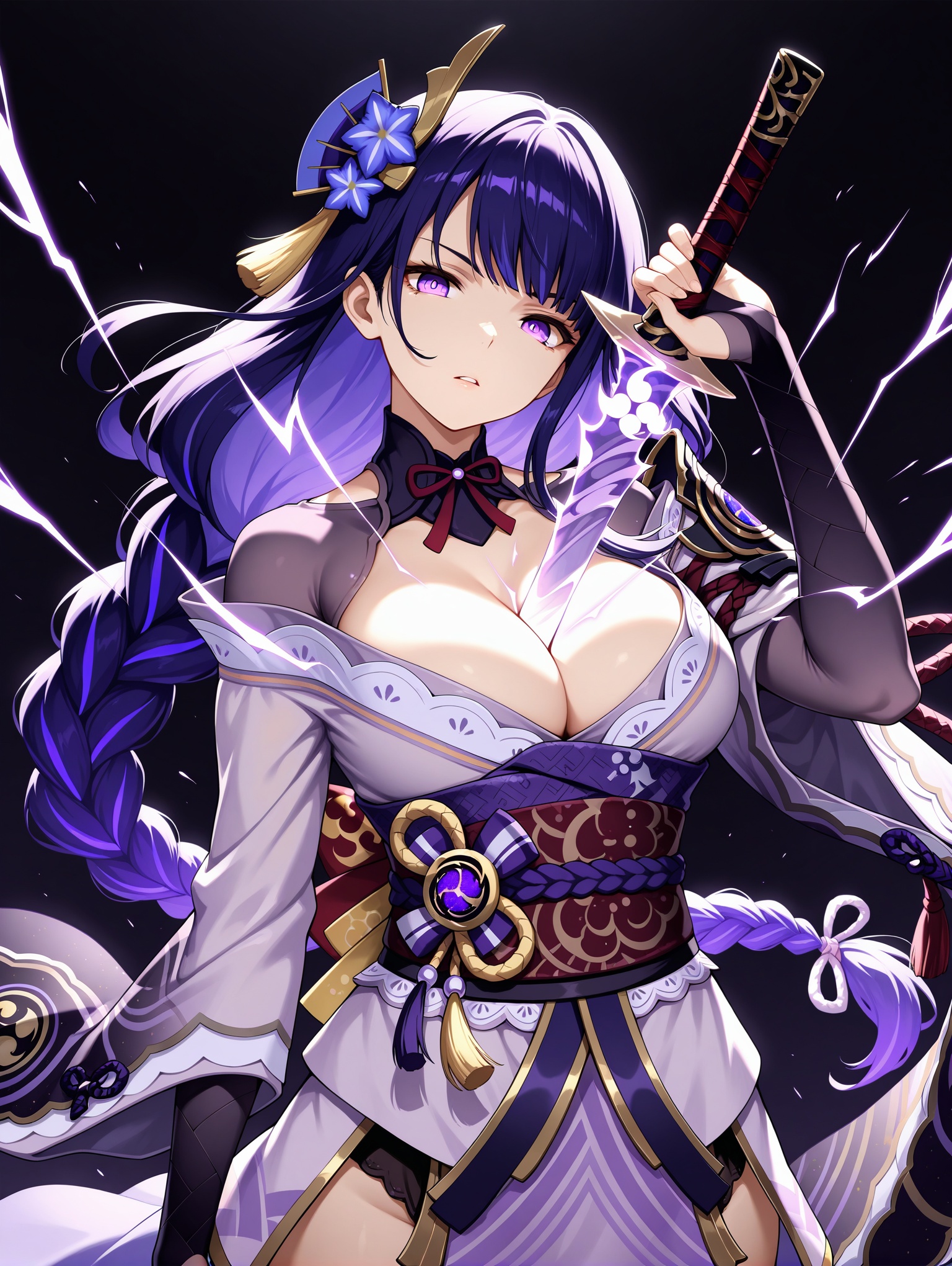 cowboy shot, 1girl, raiden shogun, holding sword,between breasts, head tilt, serious, hand up, looking at viewer, parted lips, wind, dark background, electricity, sparks,,masterpiece,best quality,amazing quality,