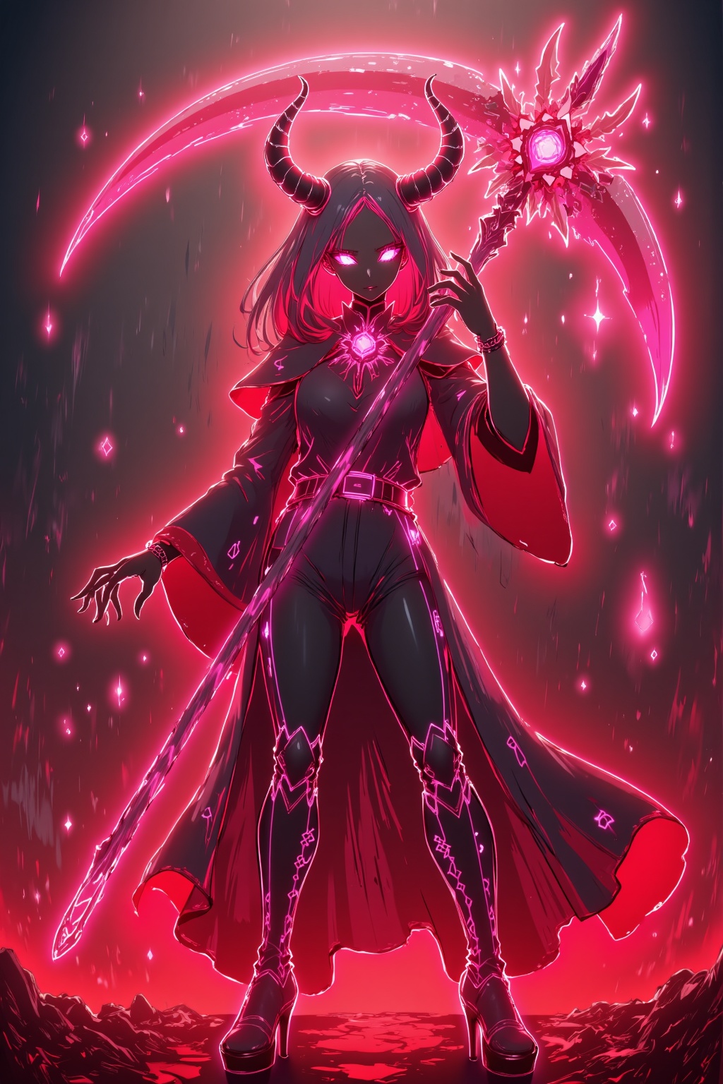 a boss level glowing black and red celestial god reaper-**** pokemon holding a glowing Death Scythe, in hell,