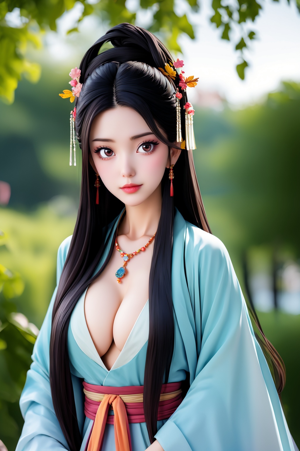 1girl, breasts, jewelry, hair ornament, upper body, long hair, looking at viewer, necklace, cleavage, hanfu, outdoors, 