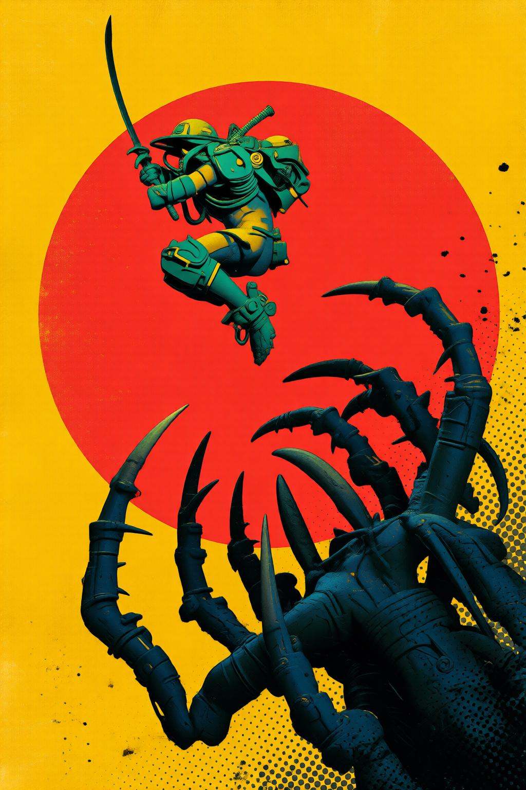 pascalblanche2q illustration.A figure in a green and yellow armored suit with helmet and mechanical components is holding...