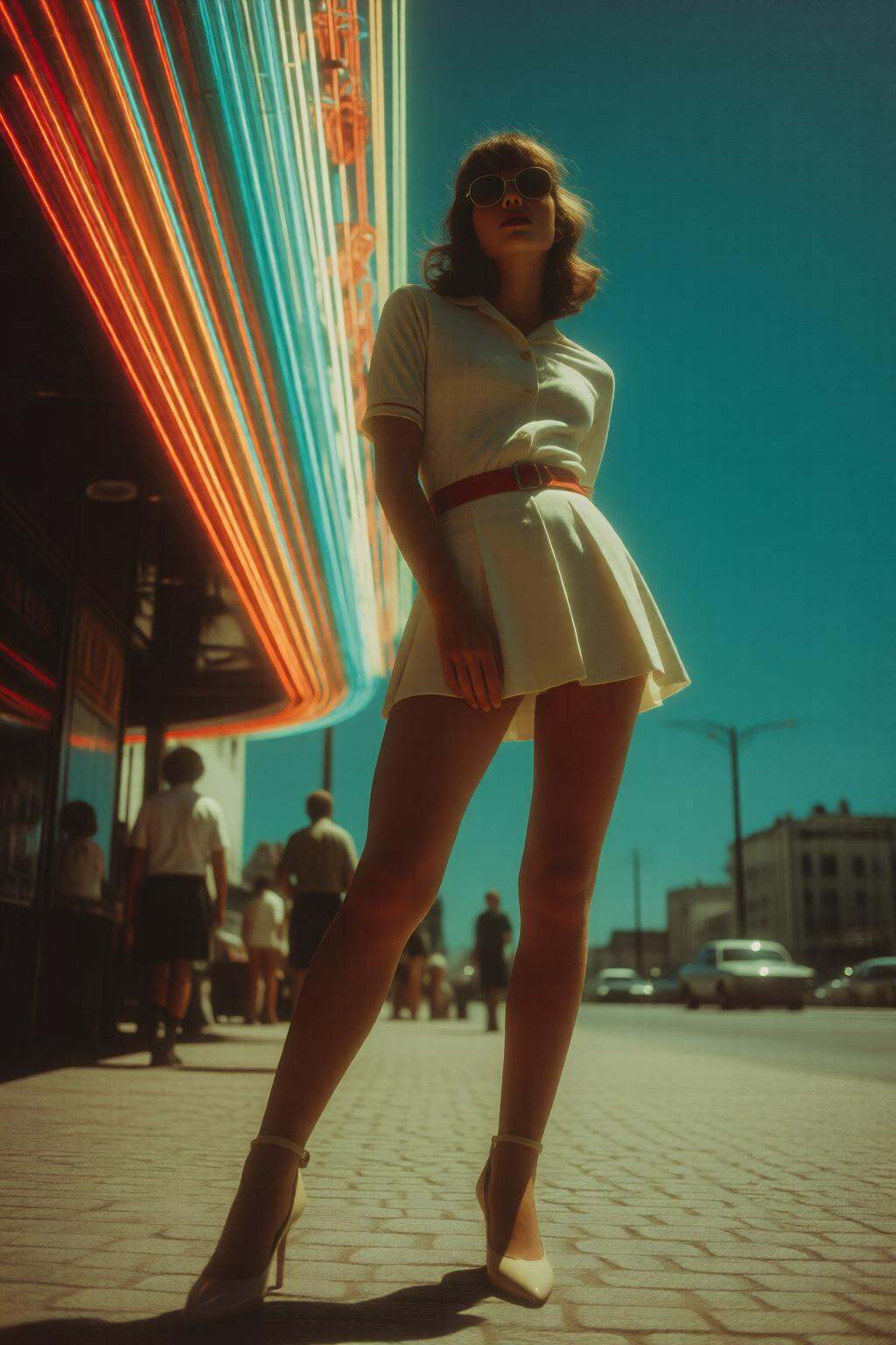 midjourneylowangle11q Low angle shot. A 1970s woman is standing on a cobblestone street,  wearing a white mini-dress with...