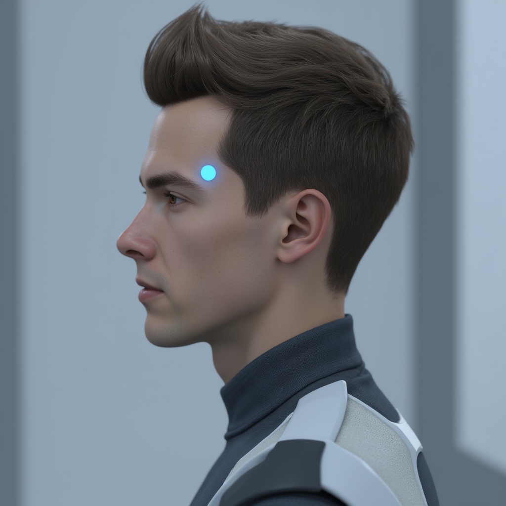 DTL,Biomimetic robot there is a light blue circular button emitting light on the right eyebrow of the bionic human DTL 3D rendering of a short haired male bionic robot character Character profile,