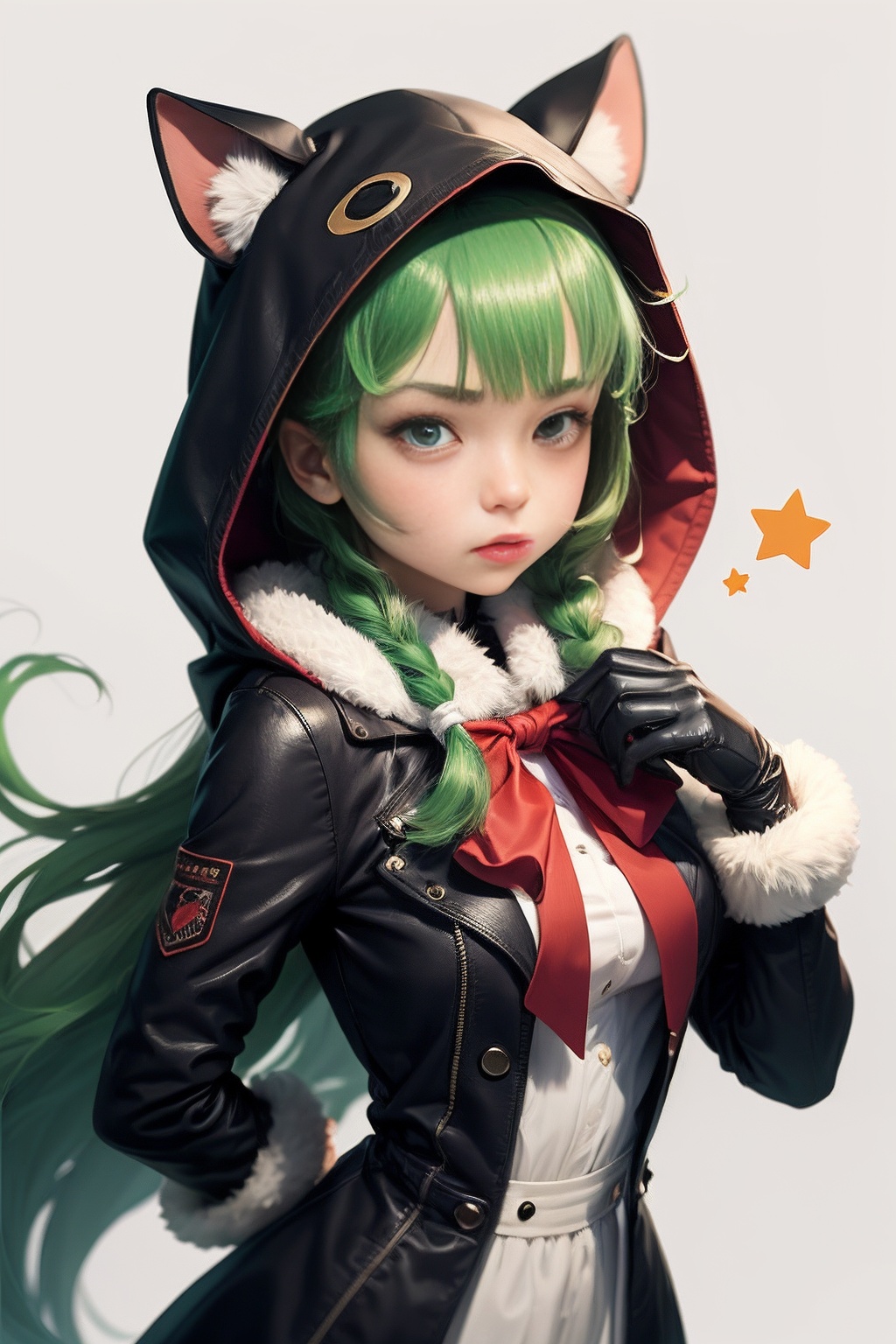 1girl, anger vein, green hair, :t, solo, gloves, closed mouth, blush, holding, green eyes, long hair, long sleeves, pout, bangs, looking at viewer, hood, white gloves, bow, star \(symbol\), very long hair, fur trim, dress, fur-trimmed hood, red bow, v-shaped eyebrows, animal hands, animal hood