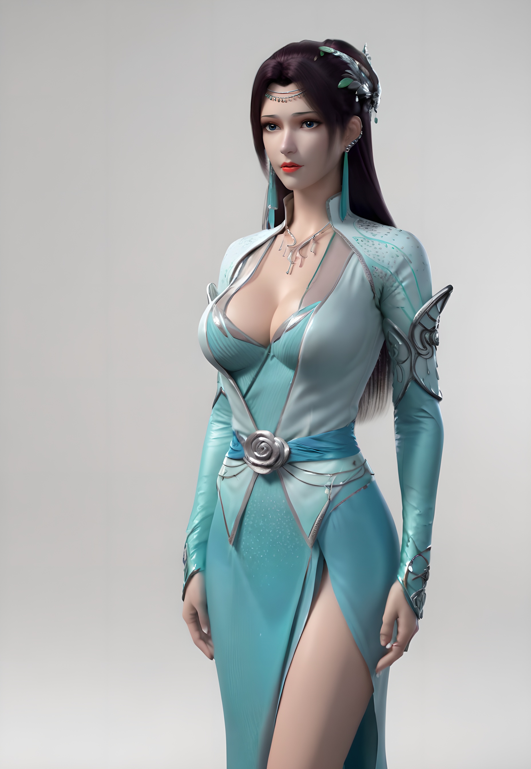 score_9,score_8_up,score_7_up,<lora:SF_YunYunGreenClothes_Pony-000004:0.7>,1girl,solo,standing,dress,breasts,large breasts,red lips,jewelry,hair ornament,earring,looking at viewer,white background,
