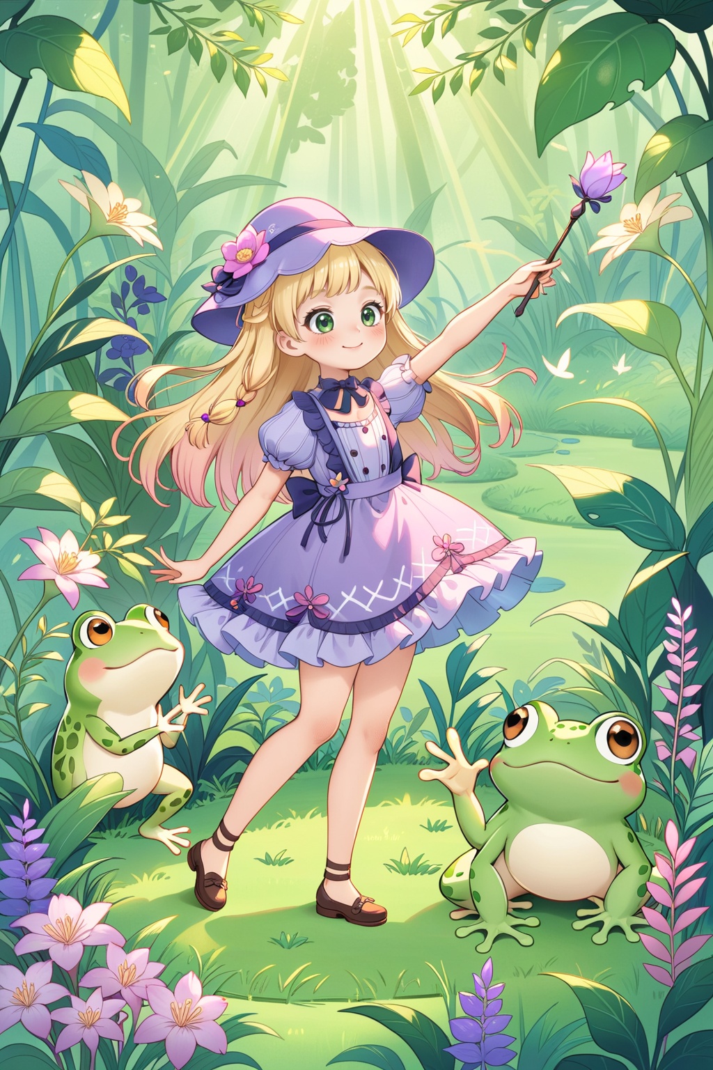 The image is an illustration of a young girl with long blonde hair,wearing a purple dress and a blue hat. She is standing in a garden with various plants and flowers. The girl is holding a green wand in her right hand and has a big smile on her face. Behind her,there is a green frog with a pink flower on its head. The frog is standing on its hind legs and appears to be looking up at the girl. The background is filled with purple flowers and green leaves. The overall mood of the image is cheerful and whimsical.,