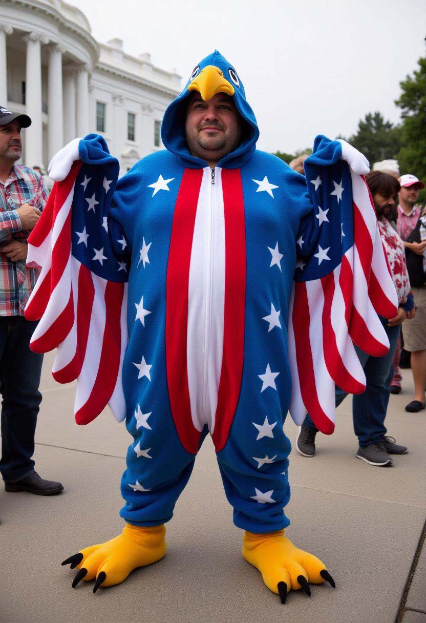 Photograph featuring a patriotic looking obese american man wearing a plush onesie with a hood and wings designed to resem...