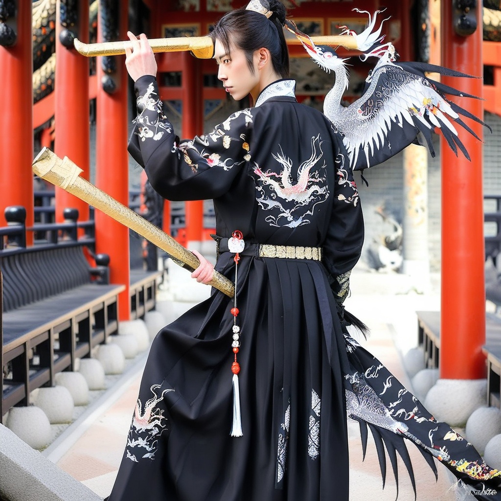 wings,  black coat,  east asian architecture on Tensor.Art