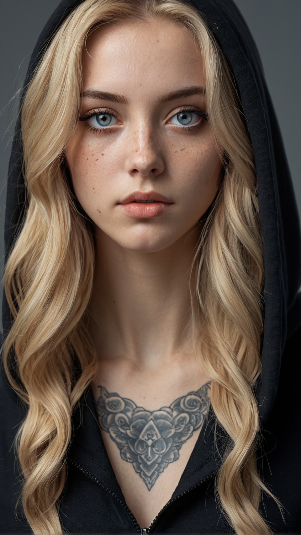 stunning woman in her 20s gazing directly at the camera with piercing deep blue eyes,  soft natural freckles enhancing her...