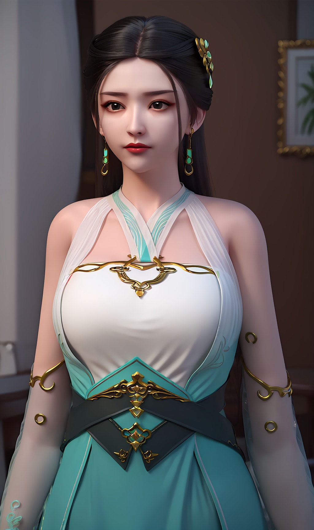 3D,masterpiece,(best quality),(makeup),official art, extremely detailed cg 8k wallpaper,((crystalstexture skin)), (extremely delicate and beautiful),(highly detailed),(face),(gold_trim),(1girl), (solo), (jewelry), (earrings),(black_hair),(long_hair),(hair_ornament),(handwear),(breasts),(standing),((upper_body)),(bare_shoulders),(closed_mouth),(off-shoulder_dress),(multicolored_clothes),(multicolored_dress),(shiny_clothes),(city,indoor),,((looking_at_viewer)),((Facing the camera)),, <lora:hipoly3DModelLora_v10:0.3>