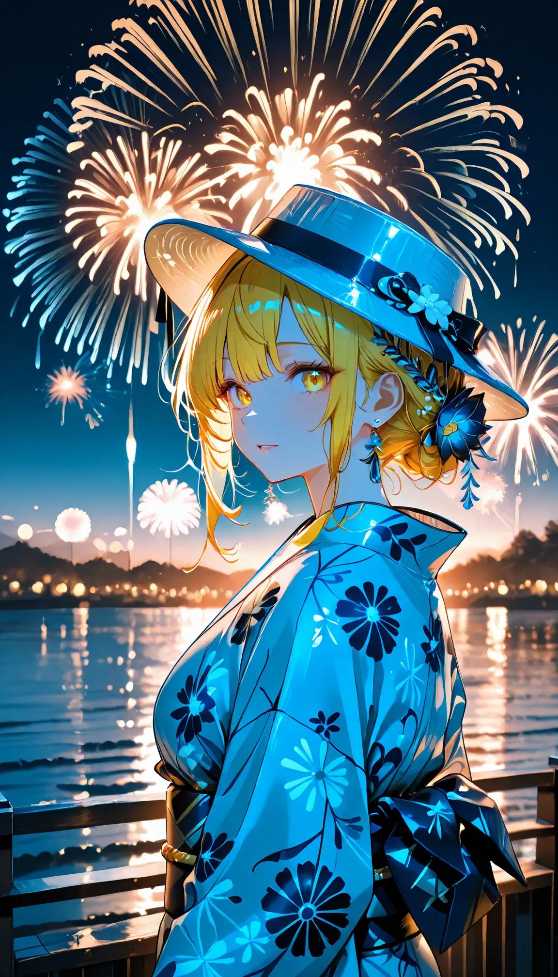 verbose details,  highest quality,  blue and yellow firework in the sky on Tensor.Art