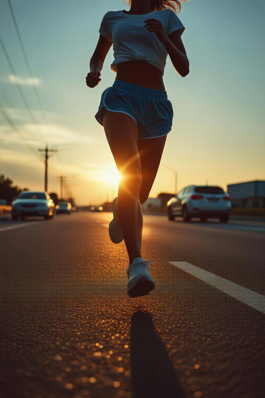 midjourneylowangle11q Low angle shot. A woman is running on a road during sunset. She is wearing a white crop top and blue...