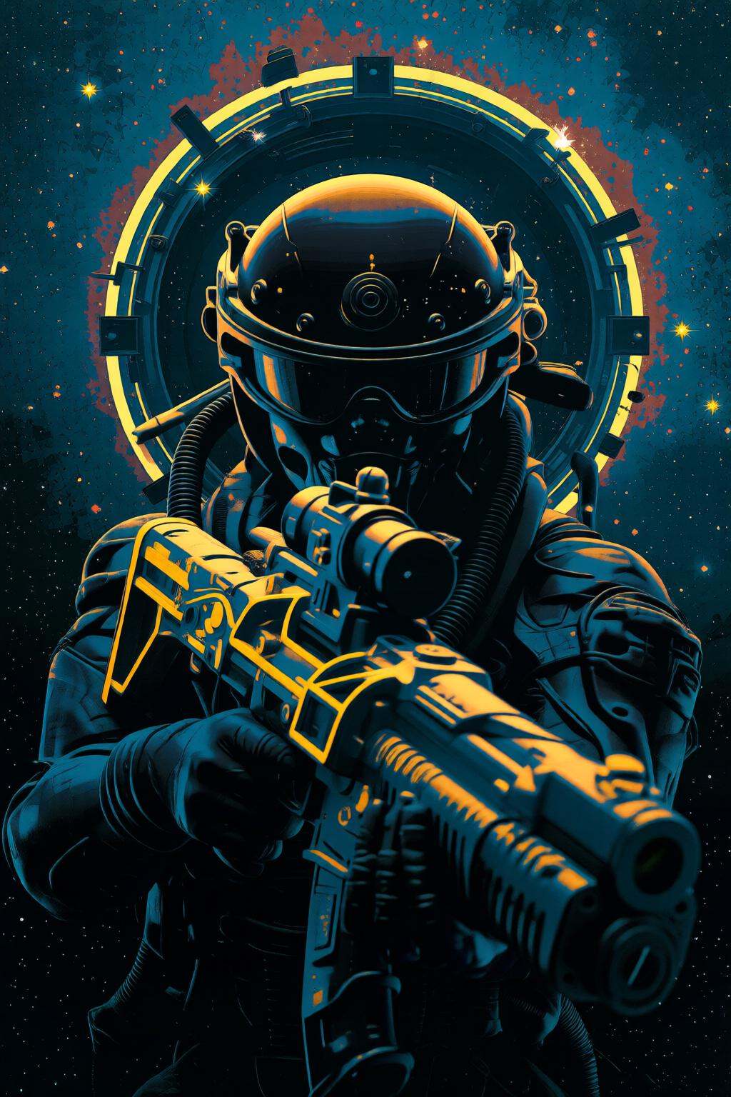 pascalblanche2q illustration. juangimenez1. A man in a sleek black helmet with a high-tech visor holds an elaborately deco...