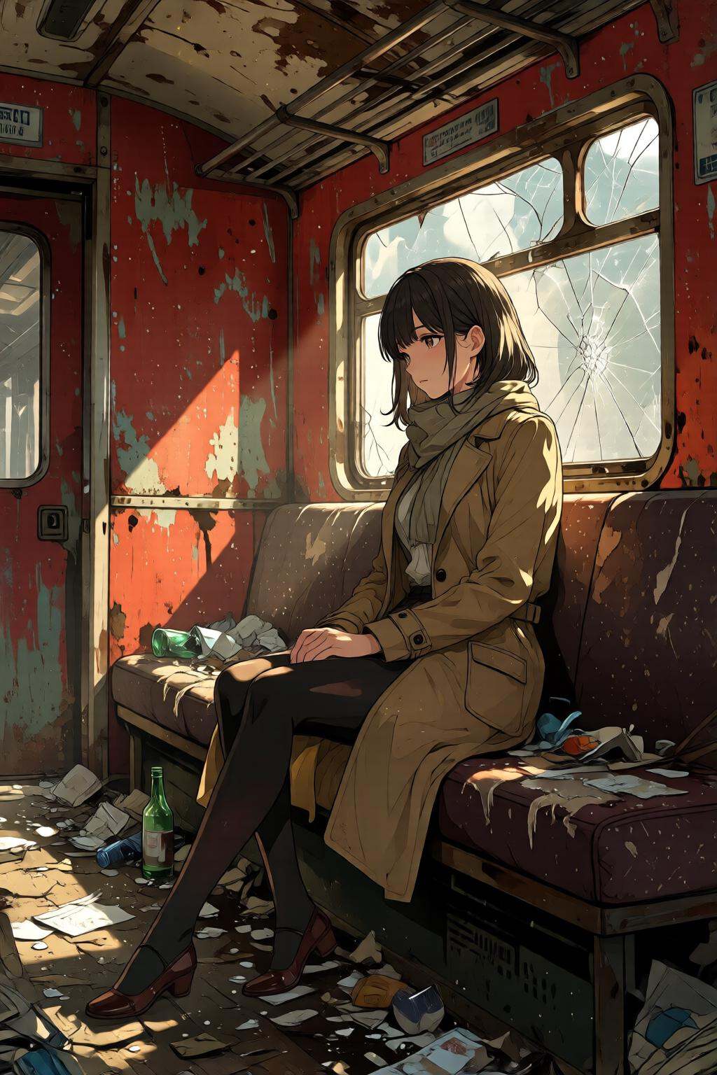 nijidigital3q anime illustration.A girl,  shown in 3/4 view,  is sitting in a dilapidated train car. The train's red inter...