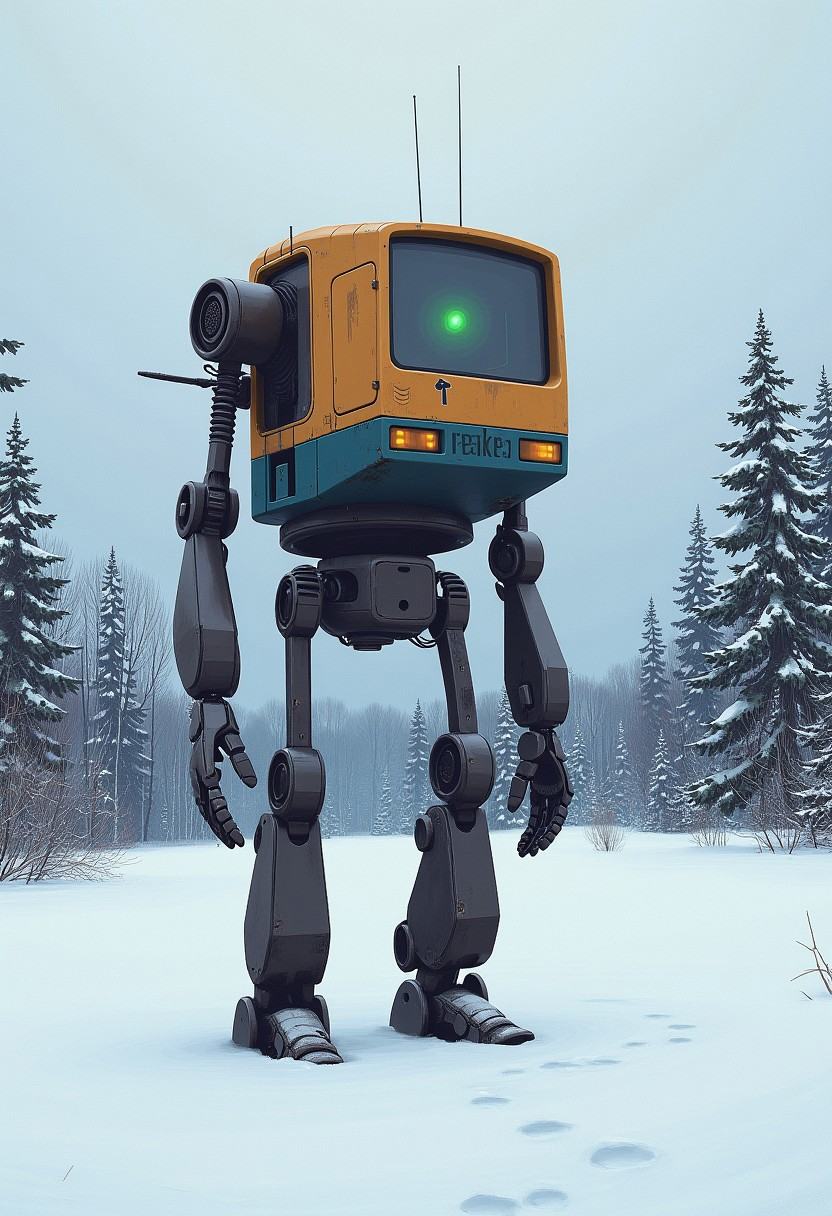 Simonstalenhagstyle,  crude robot standing middle of a snow field,  trees on Tensor.Art
