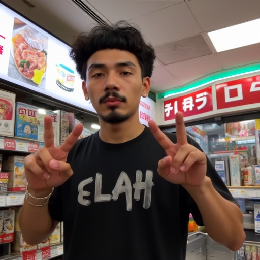 Photo of Elijah in Japanese convenience store,  doing a gang sign with hands,  1 guy on Tensor.Art