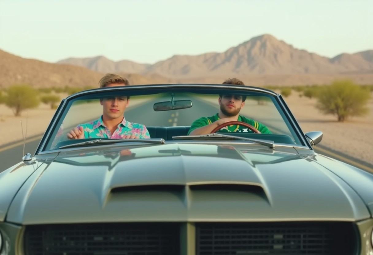 front view. Two men in a grey 1967 mustang convertible. The driver is a blond haired man wearing turquoise with pink hibis...