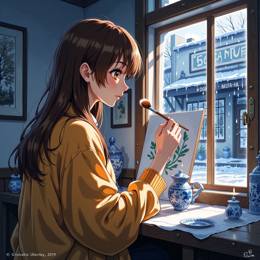 yuma snow white,  The faint neon glow from the rain-streaked window casts shadows across the studio,  amplifying the sense...