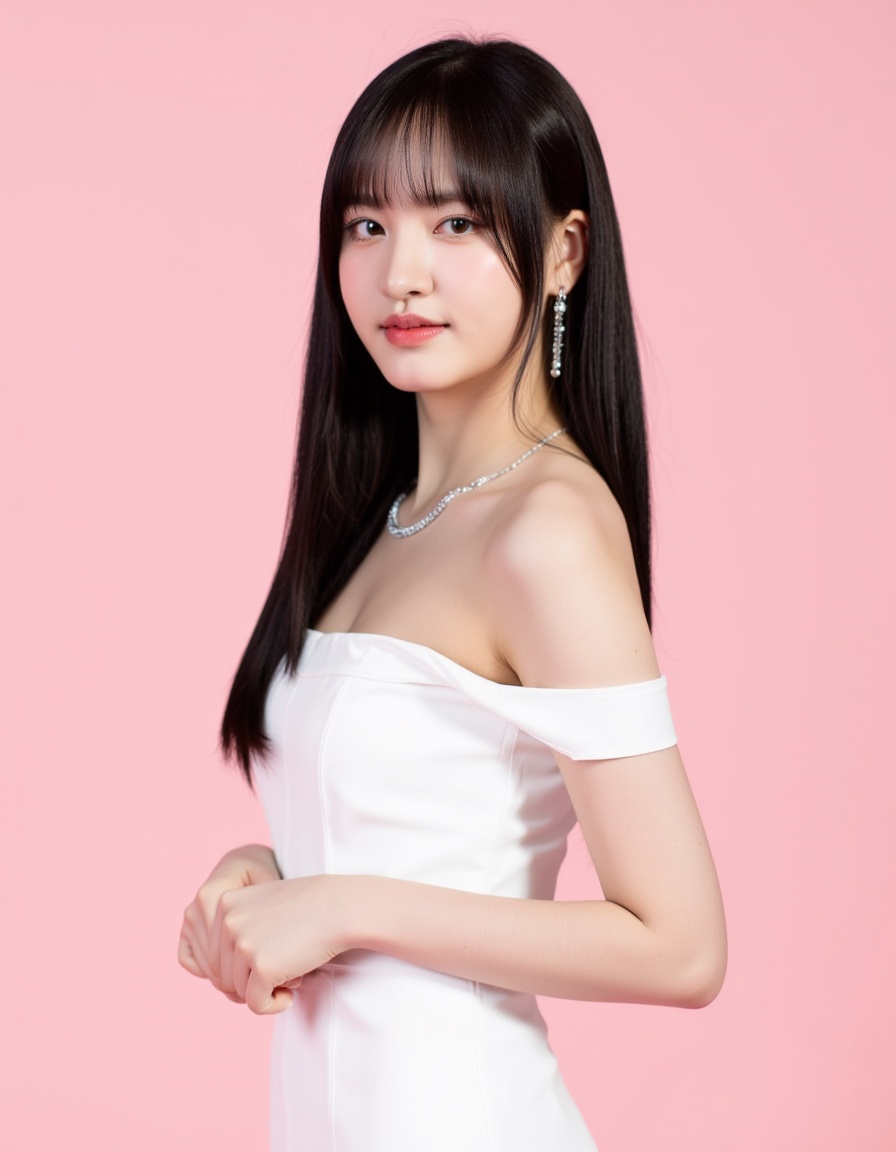 Create a picture of a young asian woman standing elegantly against a soft pastel pink background. She has long,  straight...