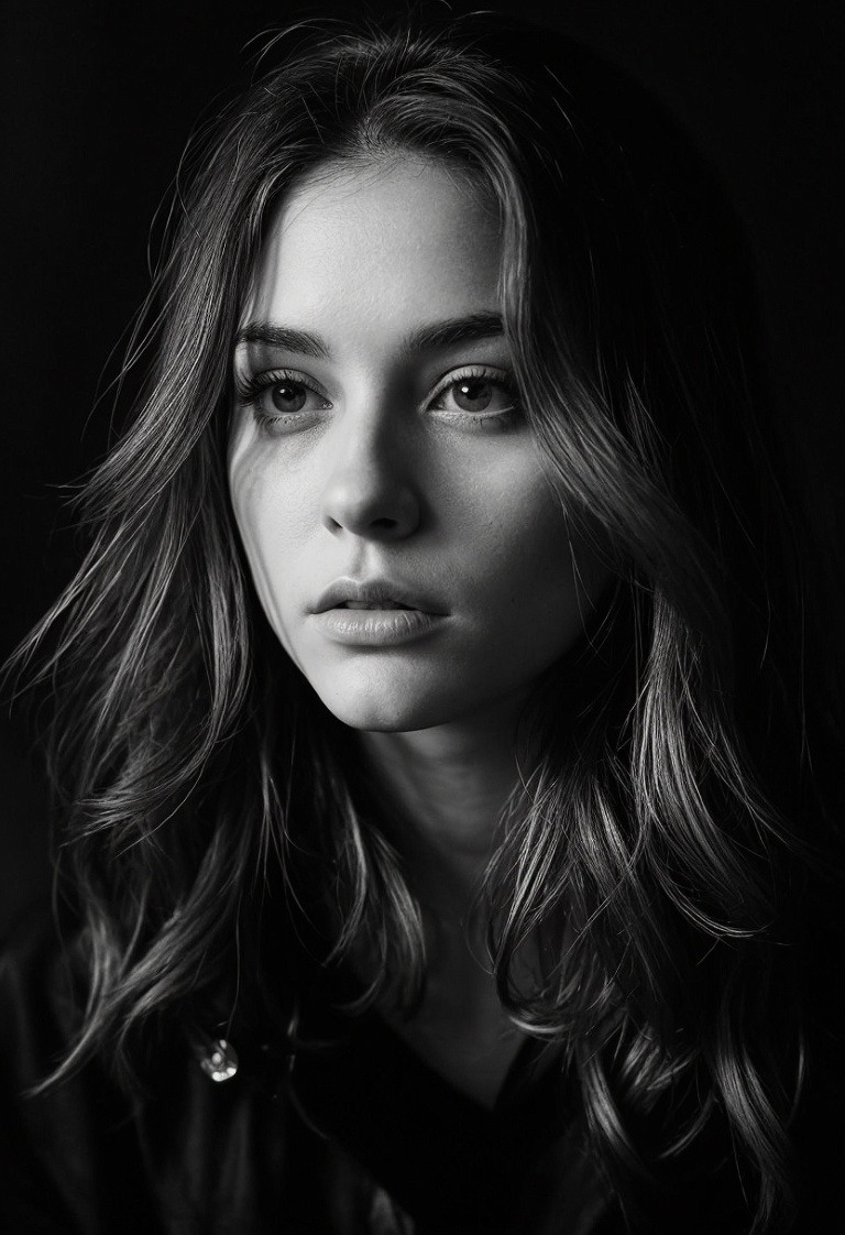 cinematic photo A moody,  high-contrast black-and-white portrait captures the enigmatic beauty of the young woman. Framed...