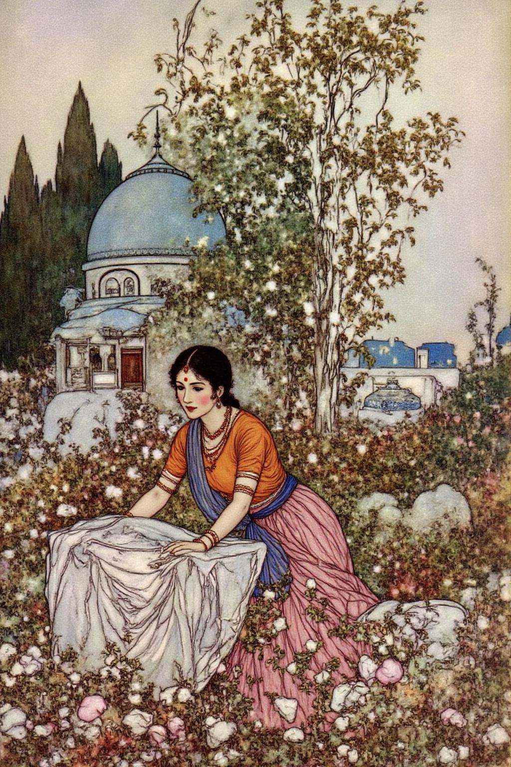 dulac1 illustration. A Middle Eastern or Persian woman with dark hair adorned with a red bindi,  wearing a vibrant orange...