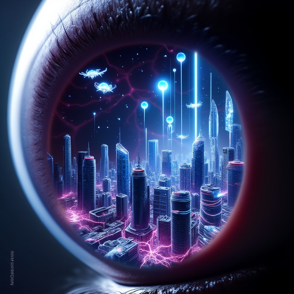 professional 3d model ral-exposure A surreal,  hyper-detailed close-up of a human eye,  with a futuristic 3D cityscape bui...