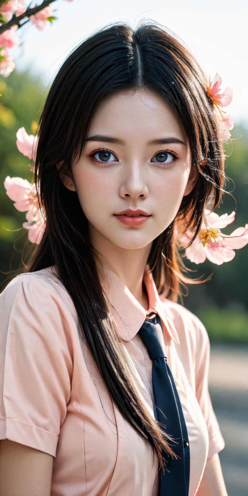 girl, brown eyes, black long hair, realistic skin, skin pores, beautiful, pretty, dynamic angle, realistic, closed mouth, short sleeve, school uniforms, peach blossom, outdoors,